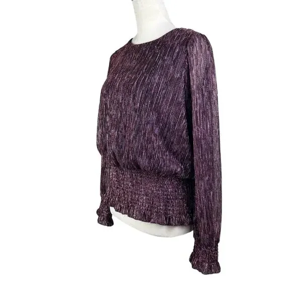 Joie Black & Pink Metallic Textured Ribbed Smocked Waist Long Sleeve Blouse - Picture 2 of 11